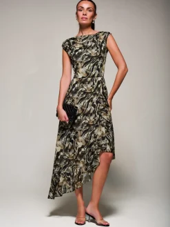 Asymmetrical Draped Mesh Midaxi Dress Brown Animal