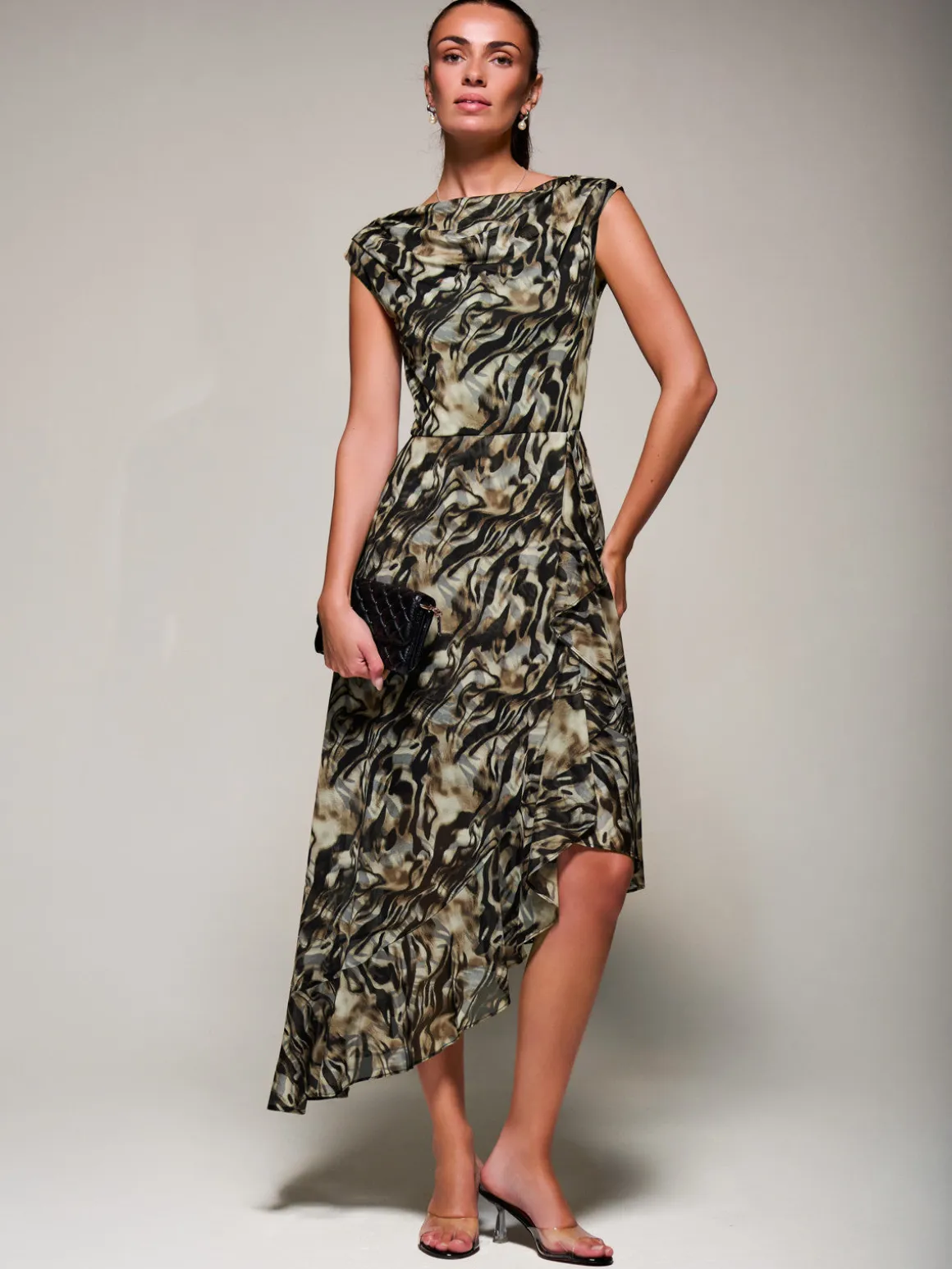 Asymmetrical Draped Mesh Midaxi Dress Brown Animal