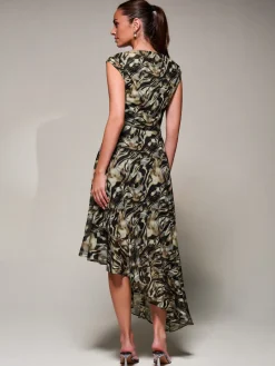 Asymmetrical Draped Mesh Midaxi Dress Brown Animal