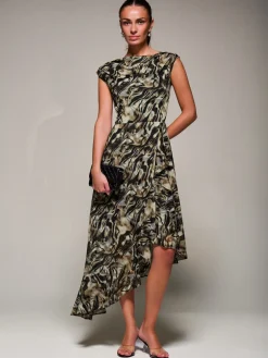 Asymmetrical Draped Mesh Midaxi Dress Brown Animal