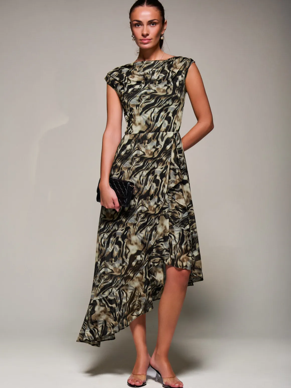 Asymmetrical Draped Mesh Midaxi Dress Brown Animal