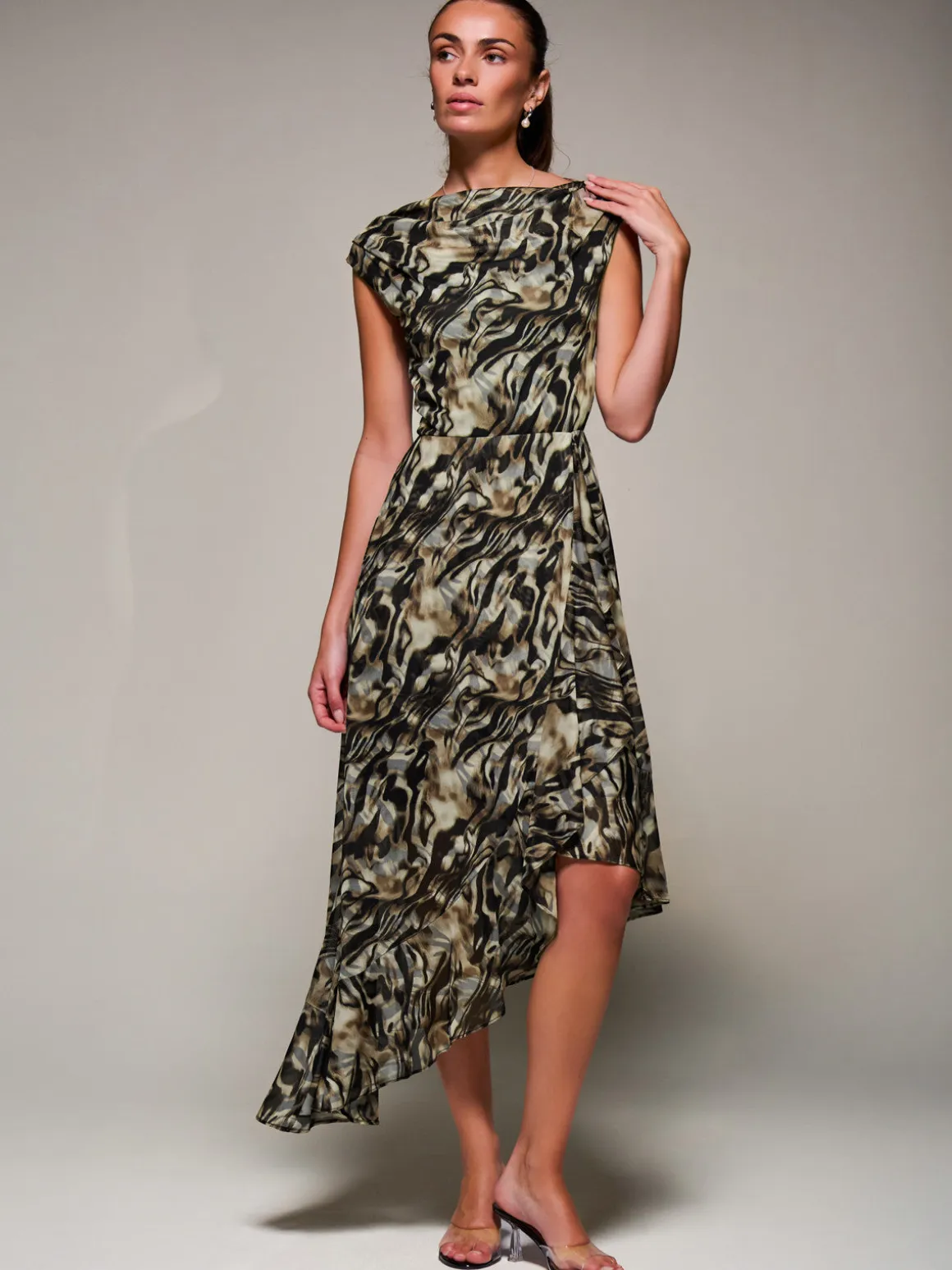 Asymmetrical Draped Mesh Midaxi Dress Brown Animal