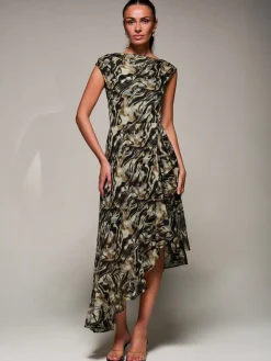 Asymmetrical Draped Mesh Midaxi Dress Brown Animal