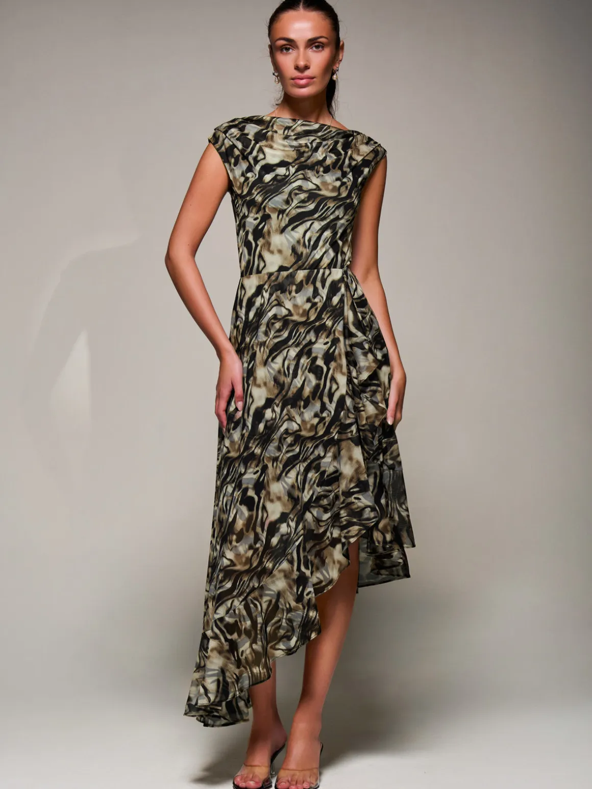 Asymmetrical Draped Mesh Midaxi Dress Brown Animal