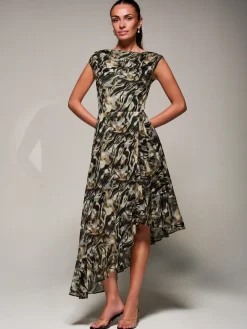 Asymmetrical Draped Mesh Midaxi Dress Brown Animal