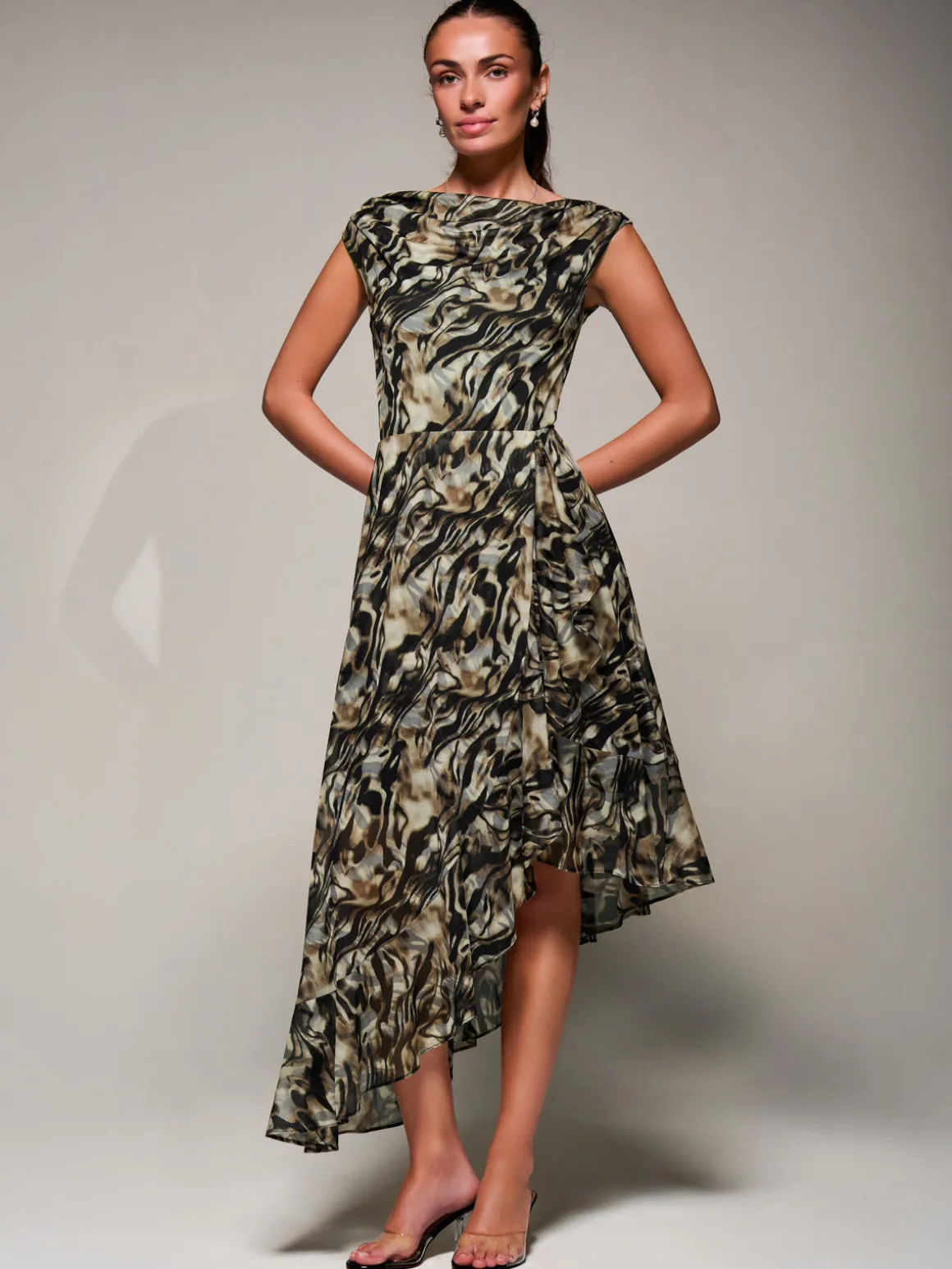 Asymmetrical Draped Mesh Midaxi Dress Brown Animal