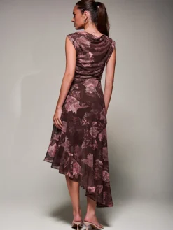Asymmetrical Draped Mesh Midaxi Dress Burgundy Abstract