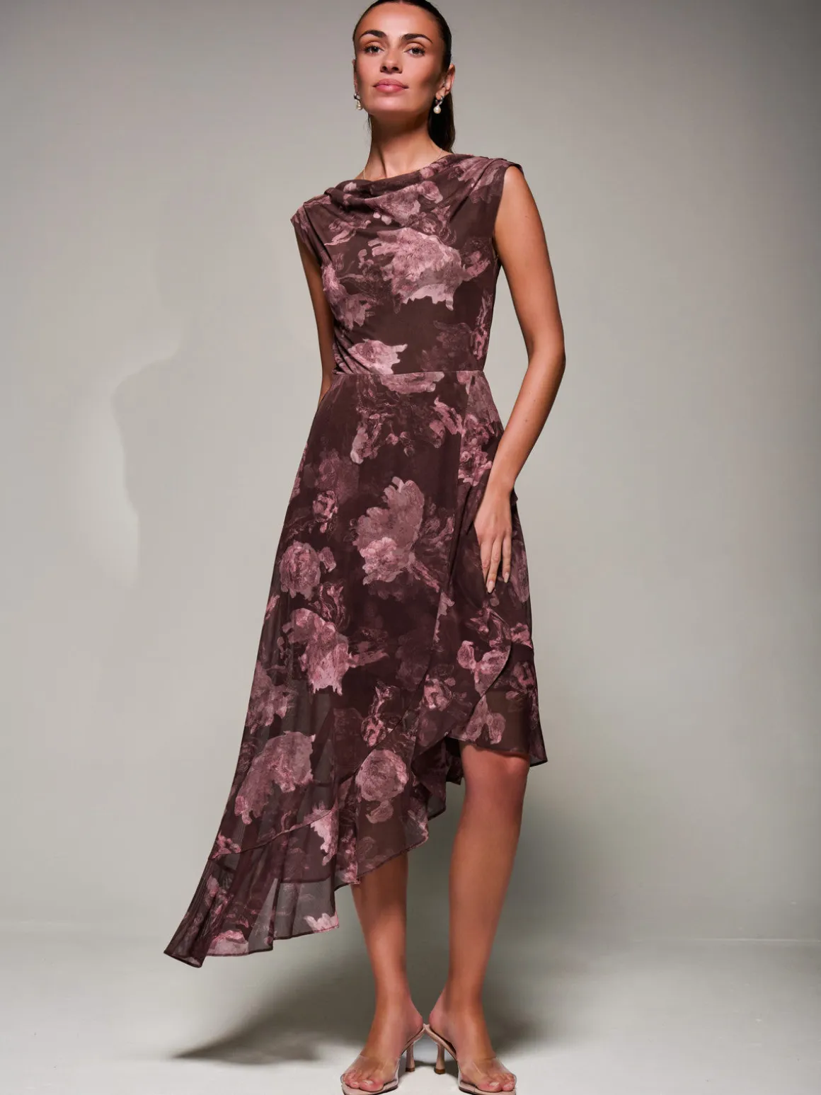 Asymmetrical Draped Mesh Midaxi Dress Burgundy Abstract