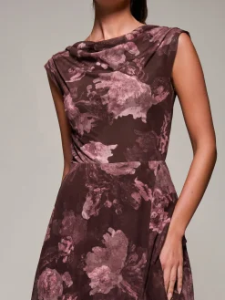 Asymmetrical Draped Mesh Midaxi Dress Burgundy Abstract