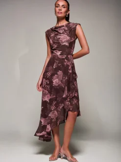Asymmetrical Draped Mesh Midaxi Dress Burgundy Abstract