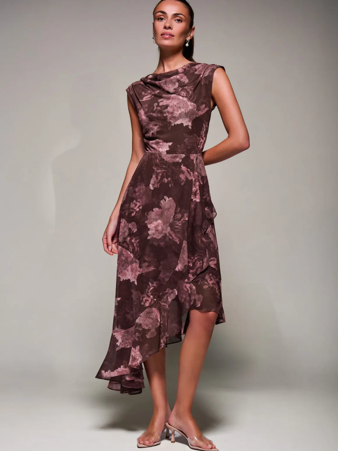 Asymmetrical Draped Mesh Midaxi Dress Burgundy Abstract