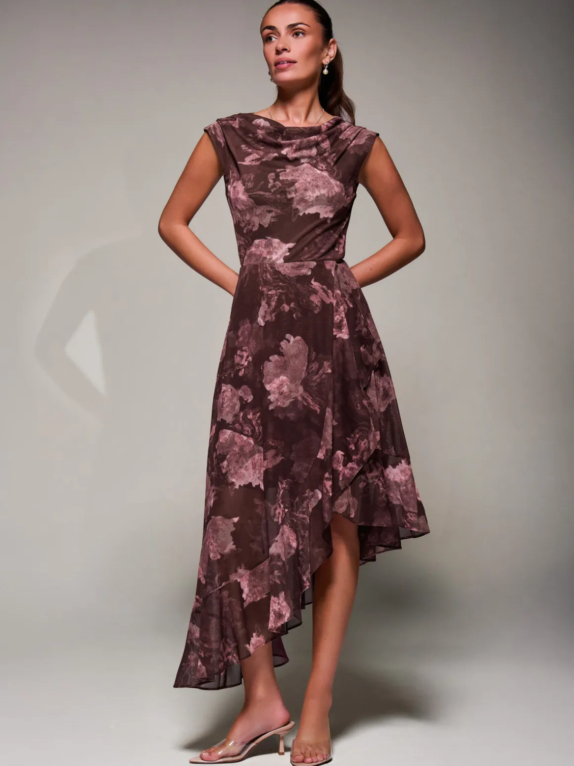 Asymmetrical Draped Mesh Midaxi Dress Burgundy Abstract