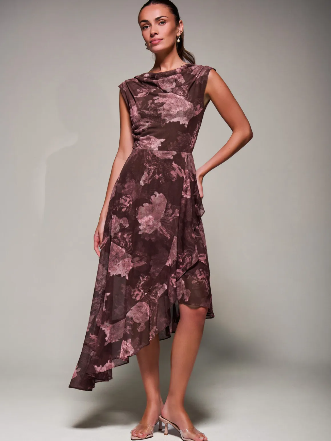 Asymmetrical Draped Mesh Midaxi Dress Burgundy Abstract