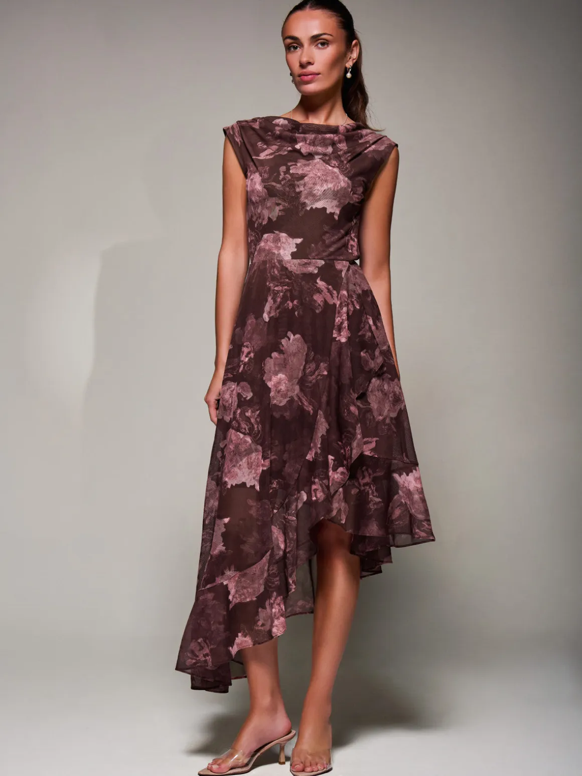 Asymmetrical Draped Mesh Midaxi Dress Burgundy Abstract