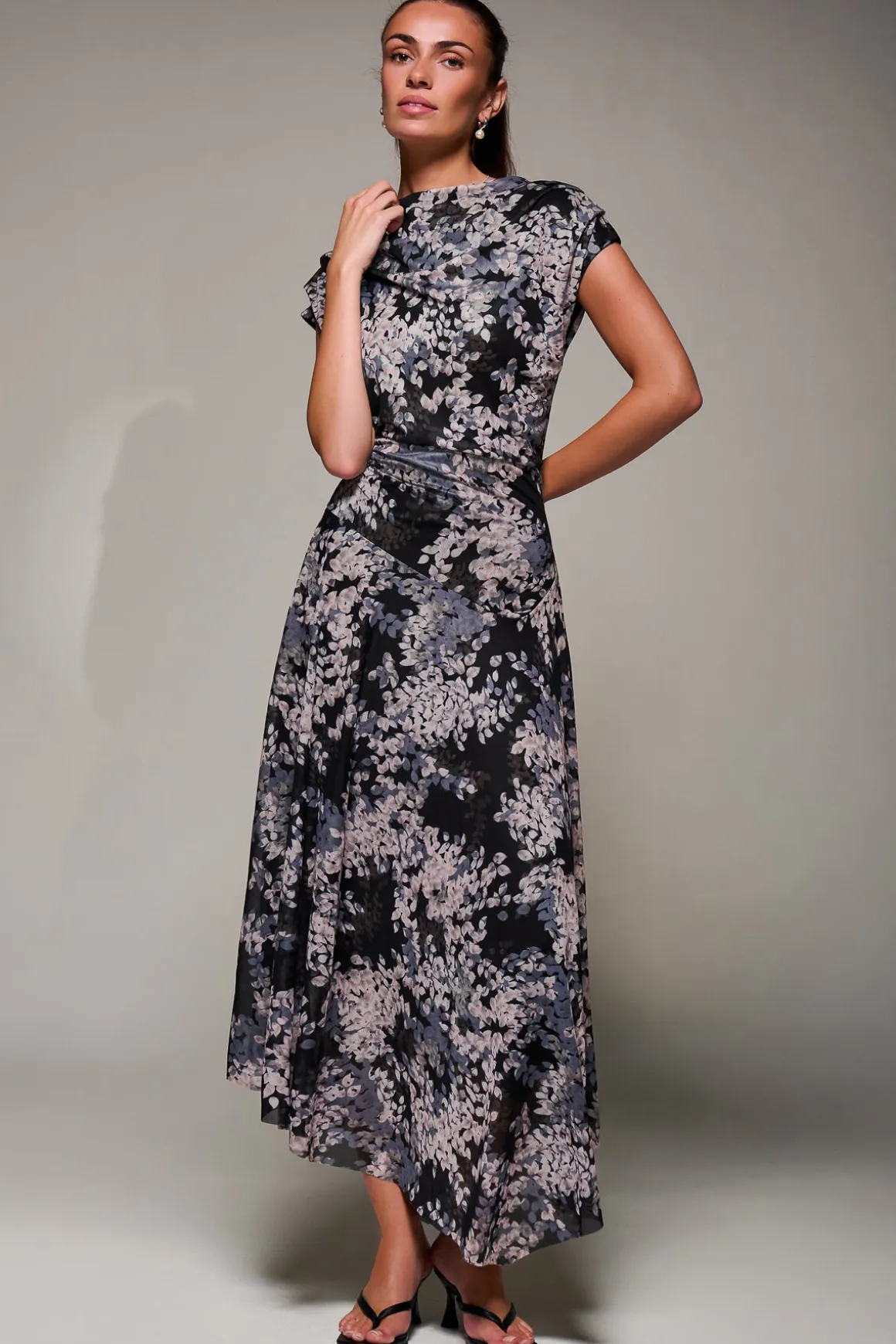 Asymmetrical Draped Slash Neck Midaxi Dress, Black Abstract