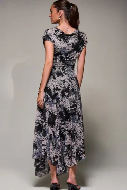 Asymmetrical Draped Slash Neck Midaxi Dress, Black Abstract