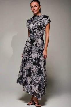 Asymmetrical Draped Slash Neck Midaxi Dress, Black Abstract