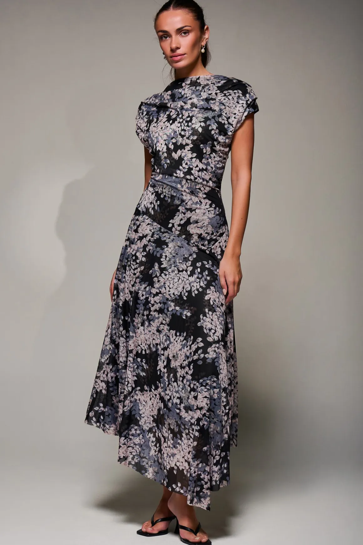 Asymmetrical Draped Slash Neck Midaxi Dress, Black Abstract