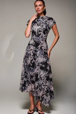 Asymmetrical Draped Slash Neck Midaxi Dress, Black Abstract