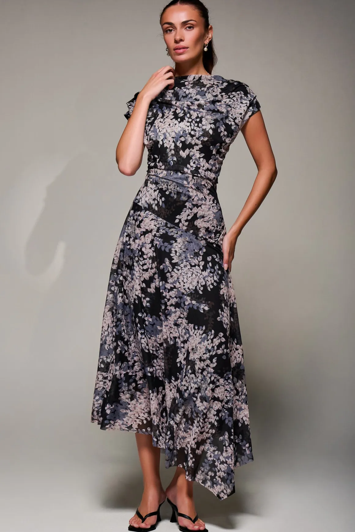 Asymmetrical Draped Slash Neck Midaxi Dress, Black Abstract