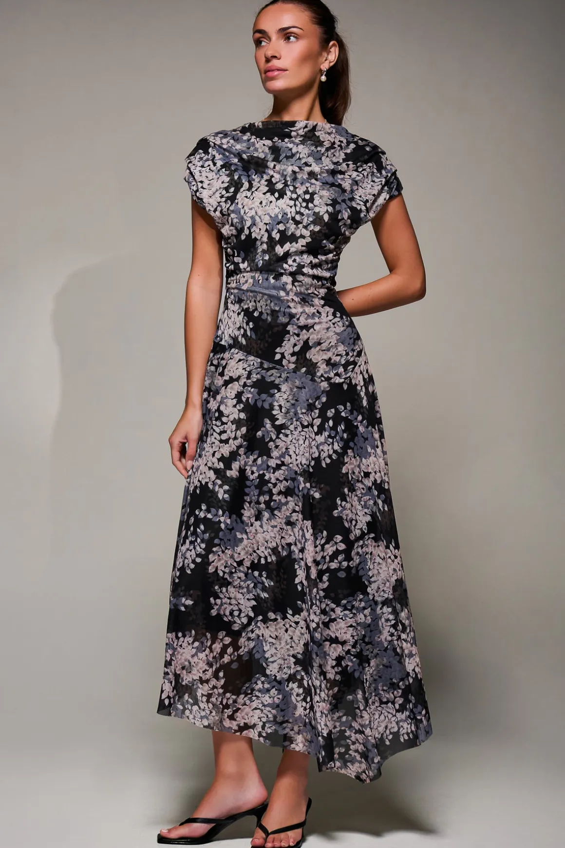 Asymmetrical Draped Slash Neck Midaxi Dress, Black Abstract