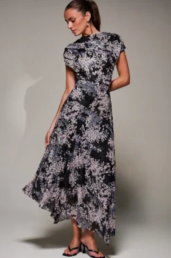 Asymmetrical Draped Slash Neck Midaxi Dress, Black Abstract