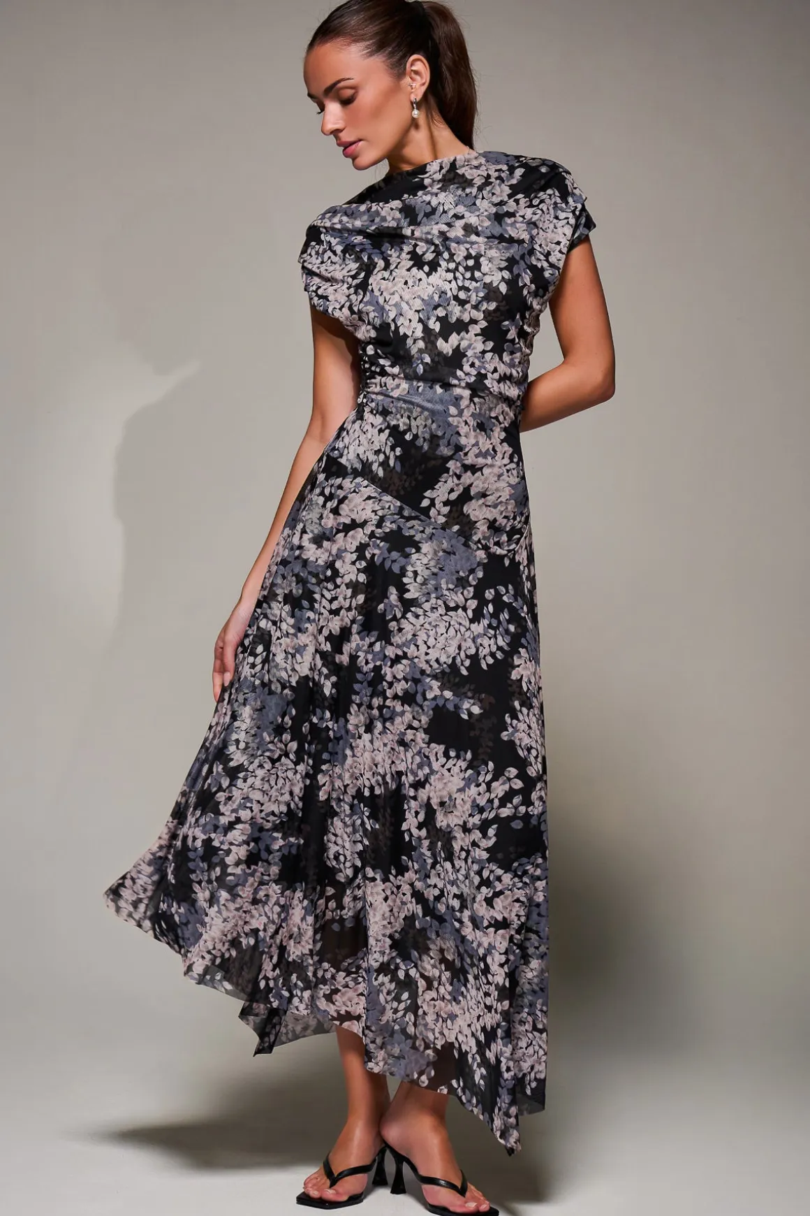 Asymmetrical Draped Slash Neck Midaxi Dress, Black Abstract