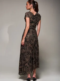 Asymmetrical Draped Slash Neck Midaxi Dress, Brown Animal