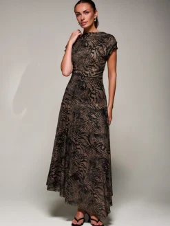 Asymmetrical Draped Slash Neck Midaxi Dress, Brown Animal
