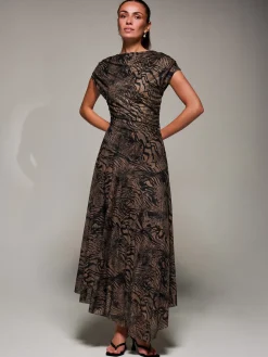 Asymmetrical Draped Slash Neck Midaxi Dress, Brown Animal