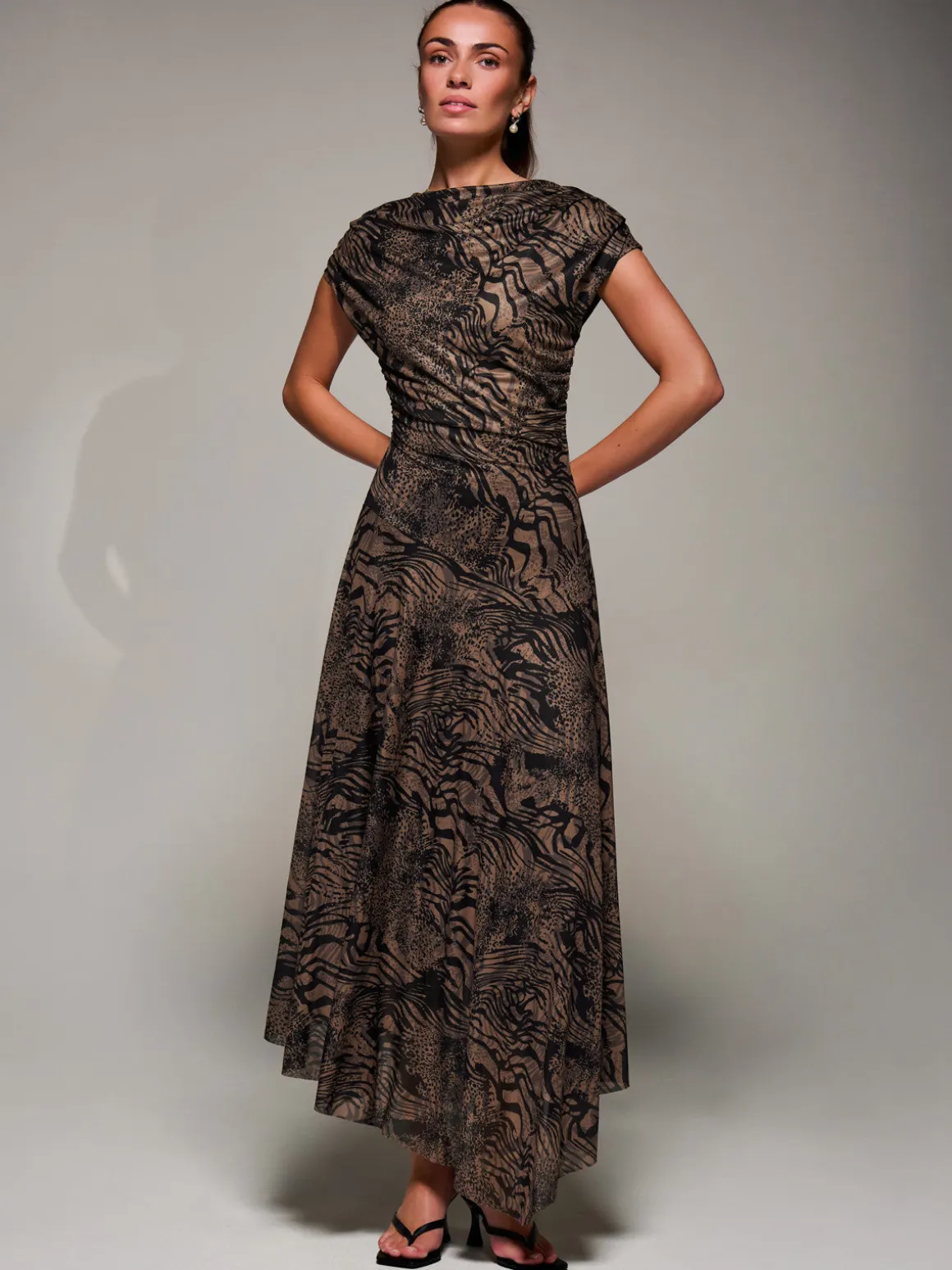 Asymmetrical Draped Slash Neck Midaxi Dress, Brown Animal