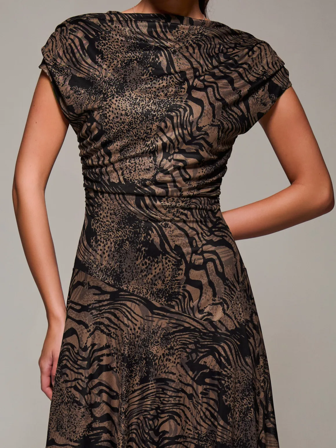 Asymmetrical Draped Slash Neck Midaxi Dress, Brown Animal