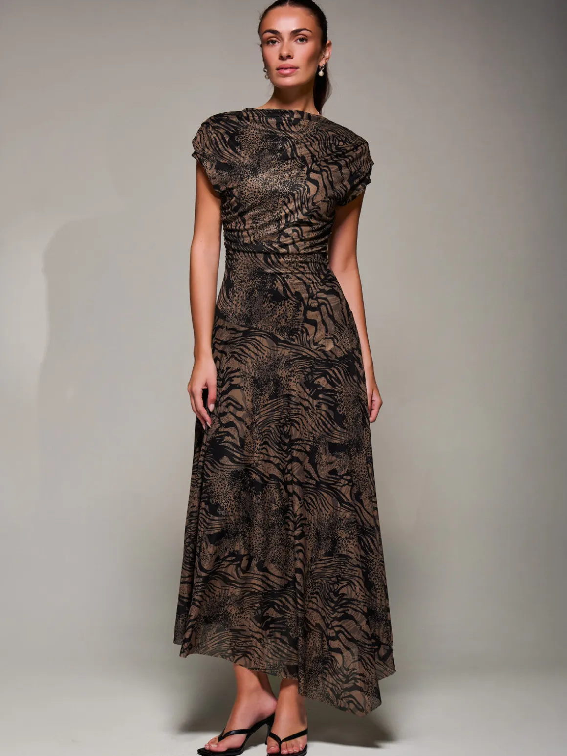 Asymmetrical Draped Slash Neck Midaxi Dress, Brown Animal