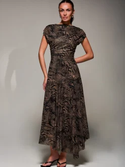Asymmetrical Draped Slash Neck Midaxi Dress, Brown Animal