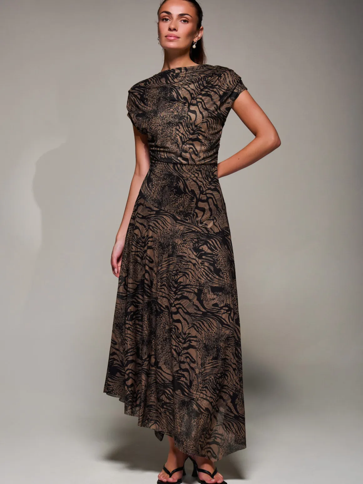 Asymmetrical Draped Slash Neck Midaxi Dress, Brown Animal