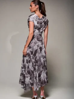Asymmetrical Draped Slash Neck Midaxi Dress, Grey Abstract