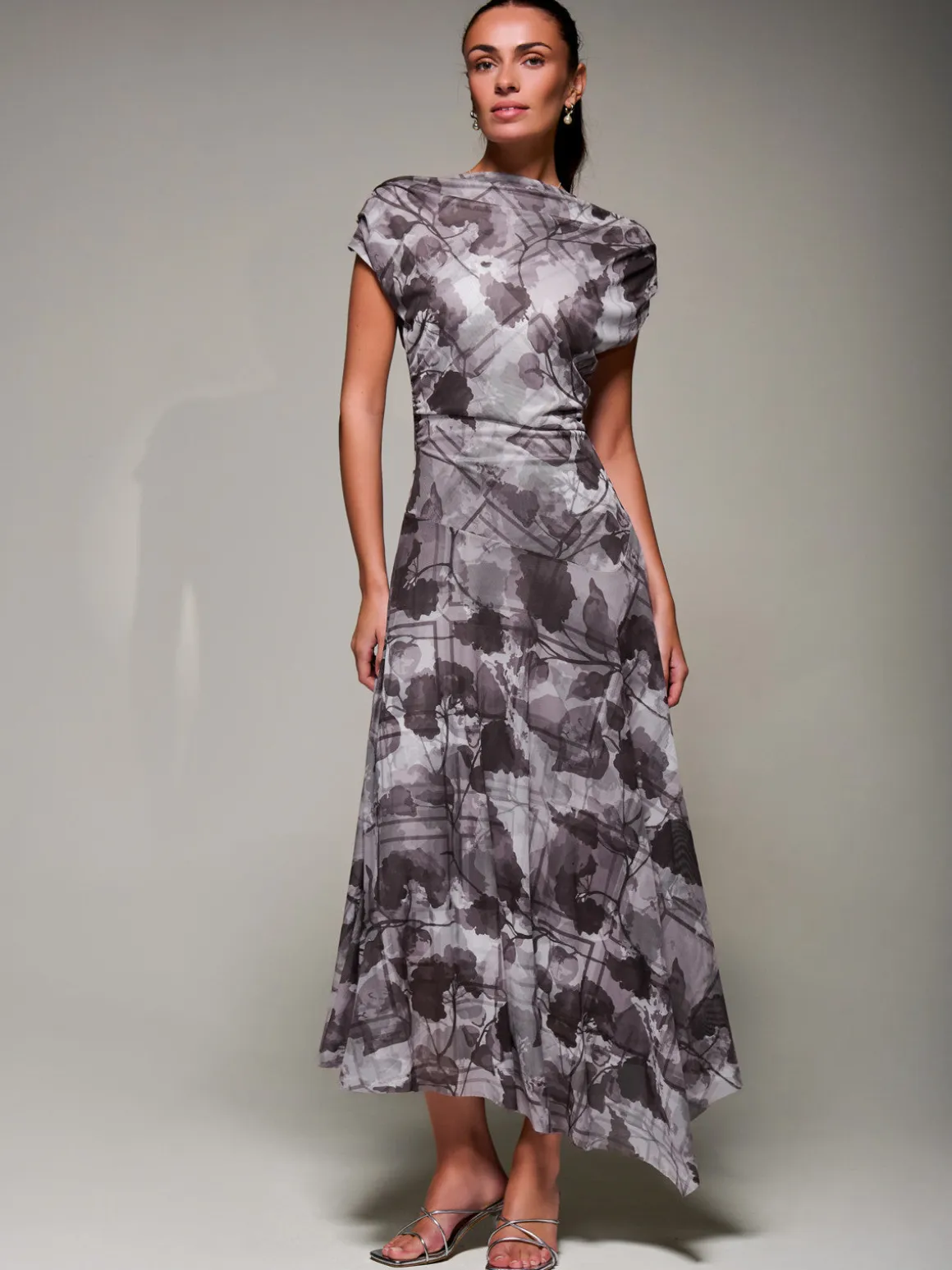 Asymmetrical Draped Slash Neck Midaxi Dress, Grey Abstract