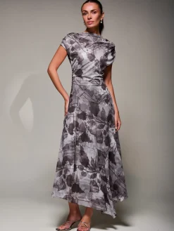 Asymmetrical Draped Slash Neck Midaxi Dress, Grey Abstract