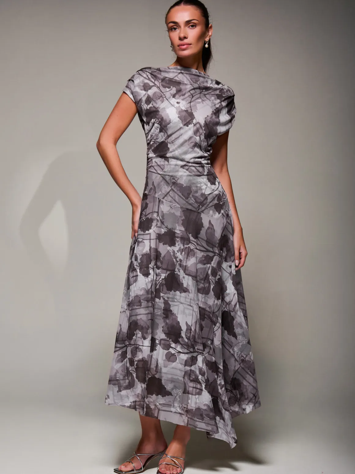 Asymmetrical Draped Slash Neck Midaxi Dress, Grey Abstract
