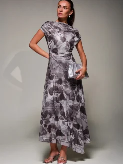 Asymmetrical Draped Slash Neck Midaxi Dress, Grey Abstract