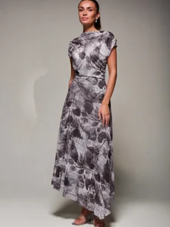 Asymmetrical Draped Slash Neck Midaxi Dress, Grey Abstract