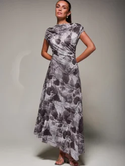 Asymmetrical Draped Slash Neck Midaxi Dress, Grey Abstract