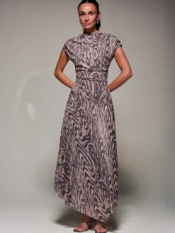 Asymmetrical Draped Slash Neck Midaxi Dress, Purple Abstract