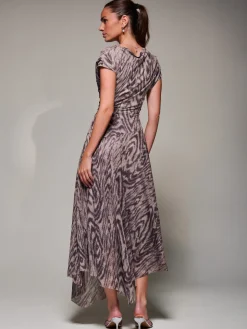 Asymmetrical Draped Slash Neck Midaxi Dress, Purple Abstract
