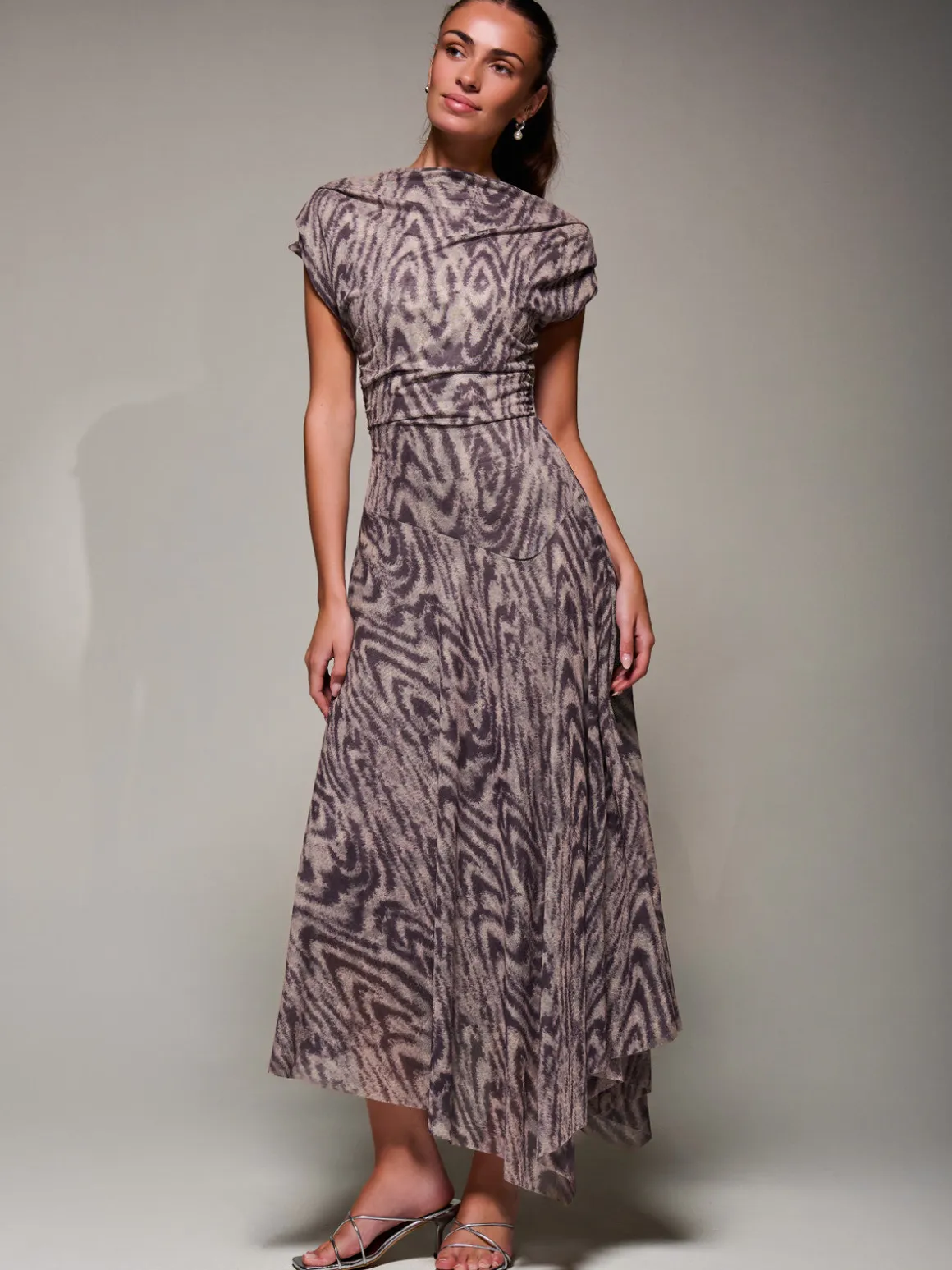 Asymmetrical Draped Slash Neck Midaxi Dress, Purple Abstract