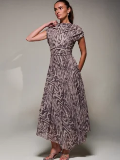 Asymmetrical Draped Slash Neck Midaxi Dress, Purple Abstract