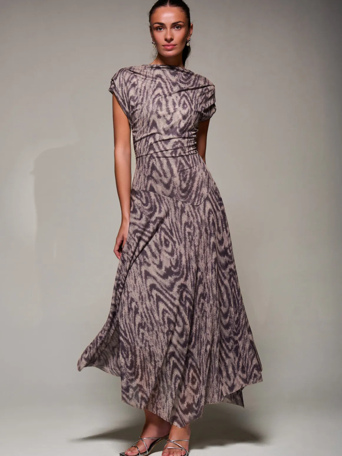 Asymmetrical Draped Slash Neck Midaxi Dress, Purple Abstract