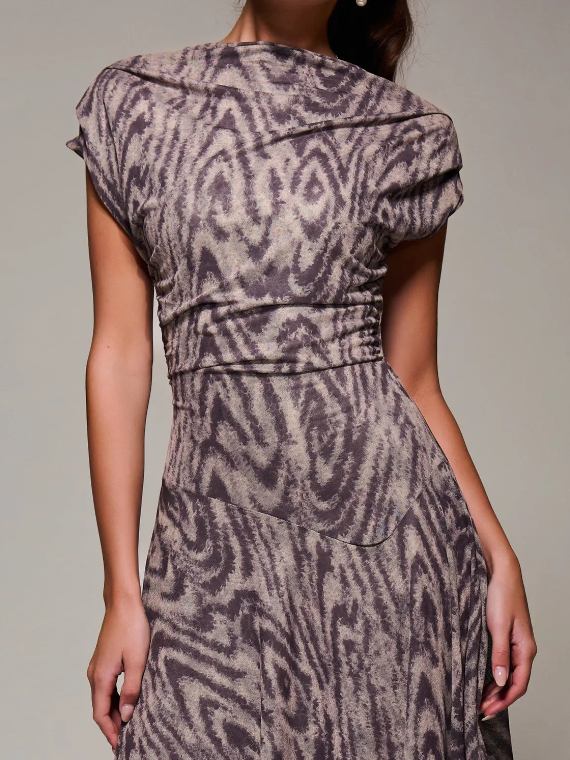 Asymmetrical Draped Slash Neck Midaxi Dress, Purple Abstract