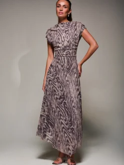 Asymmetrical Draped Slash Neck Midaxi Dress, Purple Abstract