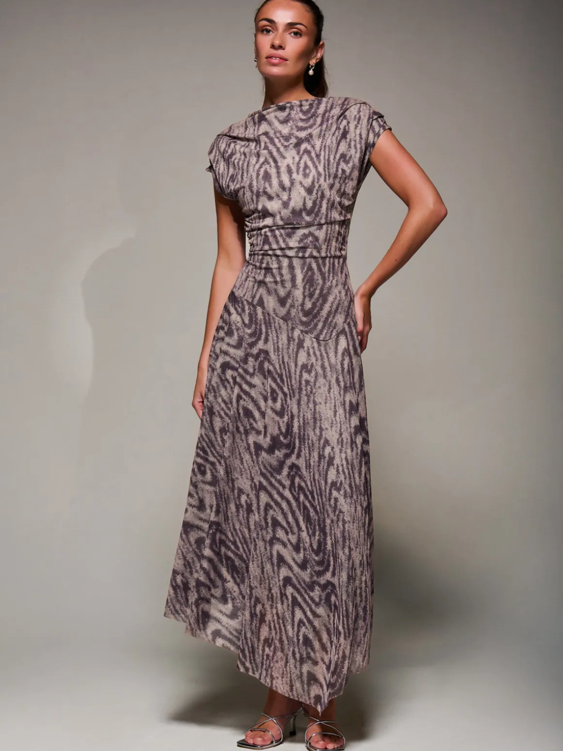 Asymmetrical Draped Slash Neck Midaxi Dress, Purple Abstract